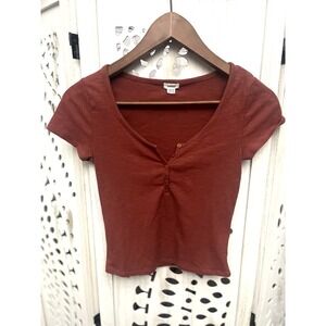 Garage Orange Button Detail Cropped Ribbed Tee‎ Extra Small